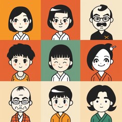 set Japanese avatars with lines, bold lines, animated style, flat coating, simple animation style