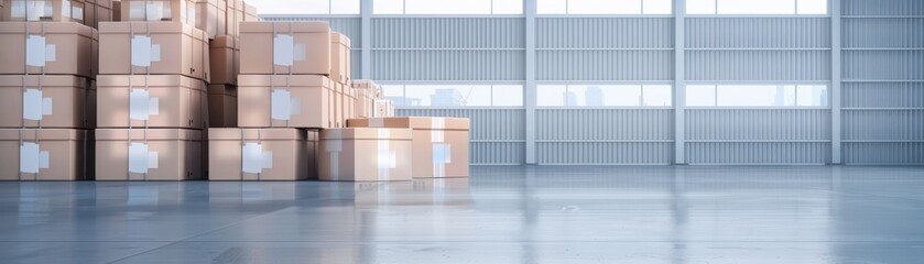Spacious warehouse interior with stacked cardboard boxes near large windows. Perfect for storage, distribution, and logistics concepts.