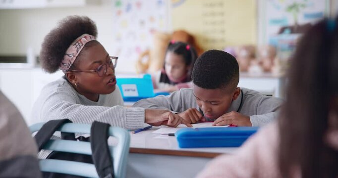 Classroom, school and teacher with child for help in lesson, maths skills and learning for assessment. Education, students and woman with boy counting numbers for teaching, development and knowledge