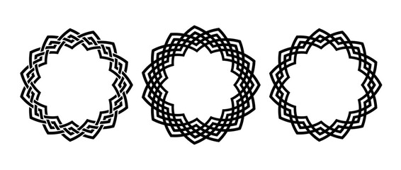 Retro knot circle frame set. Vintage celtic round border collection. Braid and rope ornament and motif pattern for banner, poster, frame. Black circular design elements bundle. Vector pack