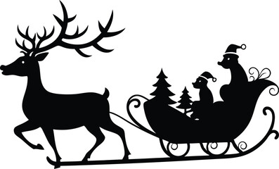 Santa Claus is flying in sleigh with Christmas reindeer. Silhouette of Santa Claus, sleigh with Christmas presents and reindeer