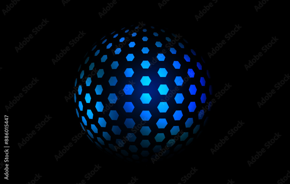 Poster blue neon hexagon pattern sphere. 3d halftone hemisphere concept. glowing globe futuristic element. 