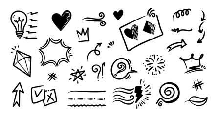 collection of simple and unique doodle elements, hand drawn for concept design isolated on white background.