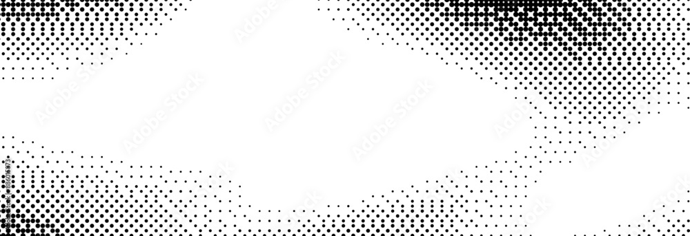 Poster Pixelated bitmap gradient texture. Black and white dither spots background. 8 bit video game screen wallpaper. Retro glitchy pixel art illustration. Abstract vector wavy dithering border