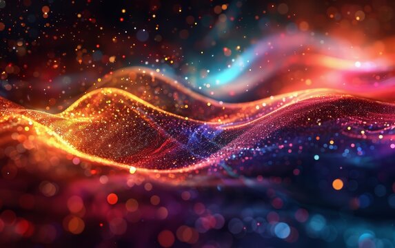 3D music visualizer with swirling colorful particles, 3D background music, dynamic and artistic