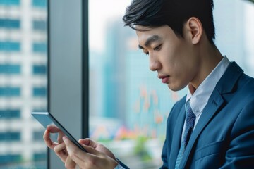 Professional Photography of young Asian CEO analyzing market trends on a tablet, Generative AI
