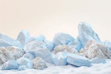
A 3D low-poly scene of rocks and mountains made from light blue clay, with white patterns on the surface. 