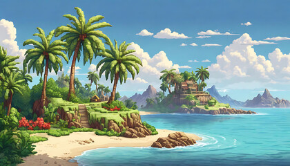 Fototapeta premium A pixel art tropical island scene with palm trees, sandy beaches, and crystal-clear water, suitable for adventure or exploration games. 
