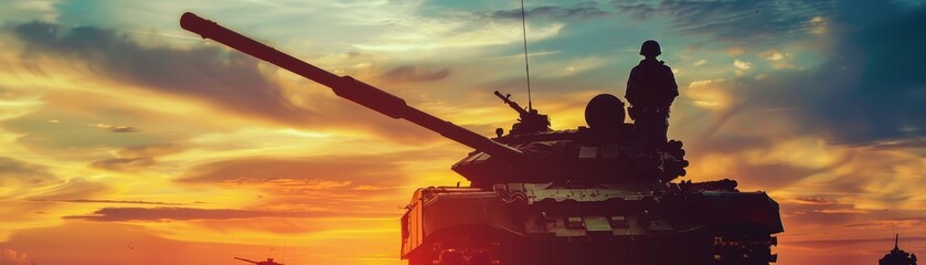 Silhouette of WW2 tank, engineer working close up, focus on, copy space vibrant colors Double exposure silhouette with battlefield