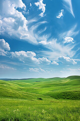 Obraz premium Rolling green hills under a sky filled with wispy clouds, capturing the beauty of nature and the concept of serenity.