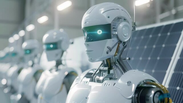 A group of robots in a clean and efficient factory all powered by solar energy.