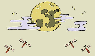 星で彩る、お月見の背景イラスト、とんぼとともに。ペン画風の手描きタッチ。　月にはうさぎの影。 © chockwhooll