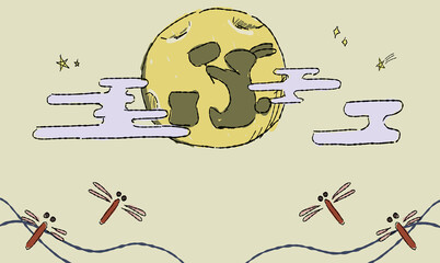 星で彩る、お月見の背景イラスト、とんぼとともに。ペン画風の手描きタッチ。　月にはうさぎの影。　模様付き。 © chockwhooll