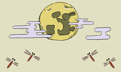 ベージュのお月見の背景イラスト、とんぼとともに。ペン画風の手描きタッチ。　月にはうさぎの影。 © chockwhooll