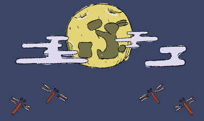 夜空のお月見背景イラスト、とんぼとともに。ペン画風の手描きタッチ。　月にはうさぎの影。 © chockwhooll