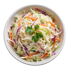 Coleslaw salad on white bowl top view isolated on transparent background