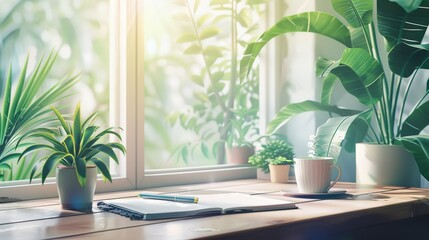 Sunlit workspace with potted plants, open notebook, and coffee cup, creating a serene and productive environment by a large window.