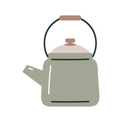 Green metallic teapot . Flat cartoon vector illustration isolated on white background. Domestic kitchenware utensil.