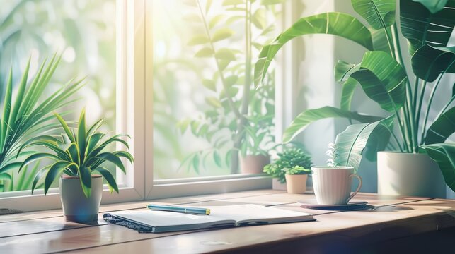 Sunlit workspace with potted plants, open notebook, and coffee cup, creating a serene and productive environment by a large window.