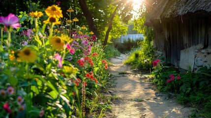 A sunlit path lined with vibrant summer flowers leading to a dilapidated hut with a thatched roof, capturing the essence of a forgotten countryside romance.