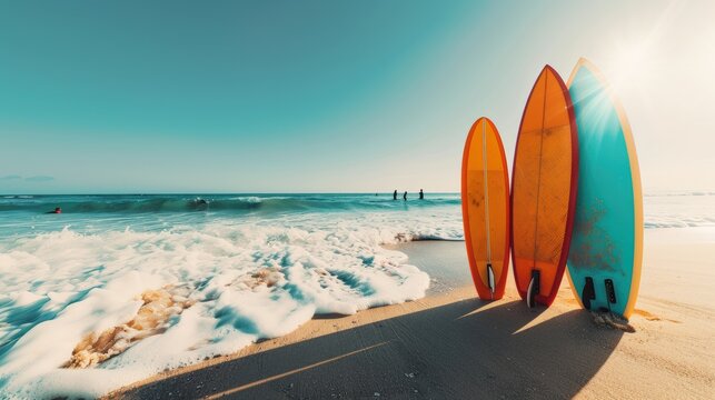 Sunny beach scene with three surfboards standing on shore, ocean waves in the background and a clear blue sky overhead.