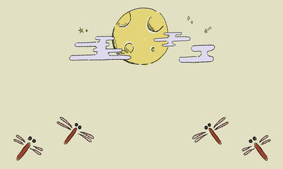 星で彩る、お月見の背景イラスト、とんぼとともに。ペン画風の手描きタッチ。 © chockwhooll