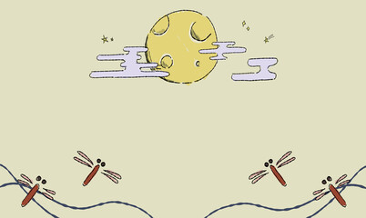 星で彩る、お月見の背景イラスト、とんぼとともに。ペン画風の手描きタッチ。 　模様付き。 © chockwhooll