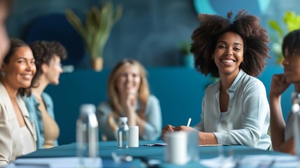 Smiling female CEO giving a presentation to her team, corporate, leadership, presentation