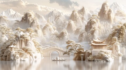 Enchanting 3D Ancient Chinese Landscape: Palace Amid Peaks, Waterfalls & Lakes, White Monochromatic Relief, Copy Space.