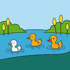 Swimming ducks in lake vector art illustration