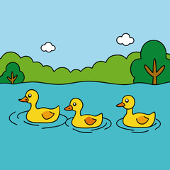 Swimming ducks in lake vector art illustration