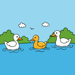 Swimming ducks in lake vector art illustration
