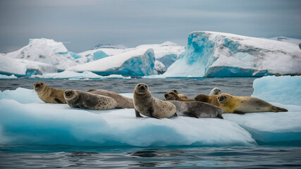 Fototapeta premium A colony of seals on the vast Arctic sea ice.