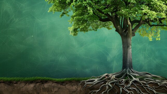 A large tree stands with its roots exposed against a green background. The tree has a thick trunk and many branches with lush green leaves. The roots extend outward, spreading across the ground