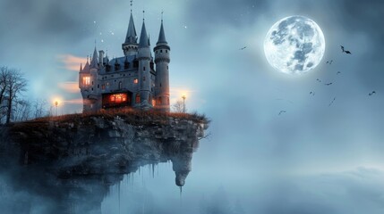 Mystical Castle on a Cliff with Full Moon