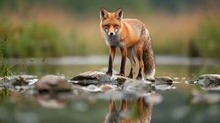 Fototapeta premium Beautiful red fox standing on stones