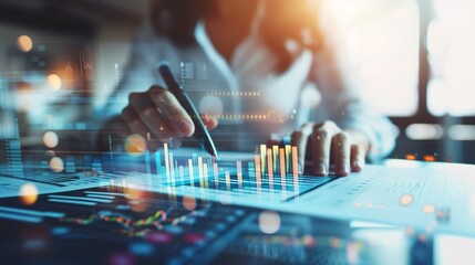 A businesswoman and data analyst working at her desk, with an interface displaying charts and indicators, enhanced by bokeh effect lights and sunset light streaming through the window.