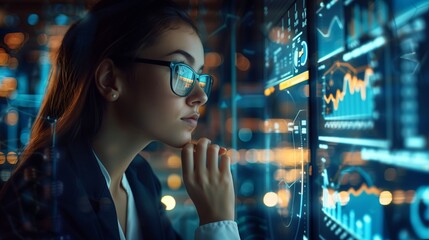A professional woman examining a high-tech holographic screen displaying detailed economic charts and indicators, enhanced by a bokeh effect with dynamic lighting.