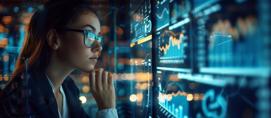 A professional woman examining a high-tech holographic screen displaying detailed economic charts and indicators, enhanced by a bokeh effect with dynamic lighting, copy space.