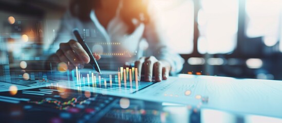 A businesswoman and data analyst working at her desk, with an interface displaying charts and indicators, enhanced by bokeh effect lights and sunset light streaming through the window, copy space.