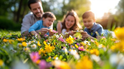 Joyful Family Enjoying a Picnic on Flowery Grass, Sharing Food Together Under Warm Sunlight in the Park.