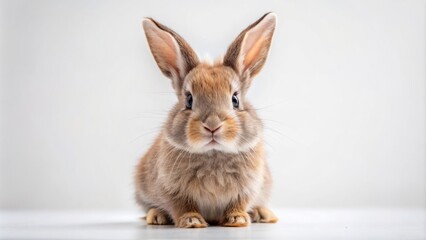 Adorable rabbit with soft fur and bright eyes sits alone on a minimalistic white background studio setting.