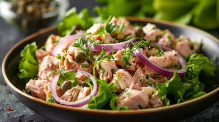 Vibrant Mediterranean-Inspired Tuna Salad, A Nutrient-Rich Fusion of Omega-3s, Crisp Vegetables, and Zesty Capers for Wholesome Living.