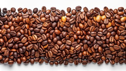 Fototapeta premium Vibrant panoramic border of assorted coffee beans in 3D rendering isolated on pure white background with gradient effect.