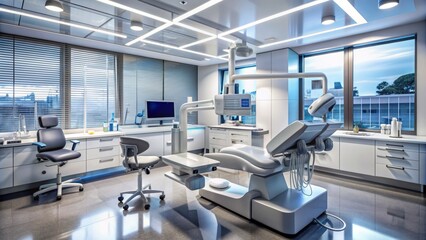 State-of-the-art dental surgery room with advanced equipment, sleek surfaces, and futuristic machinery, ready for cutting-edge oral care procedures.