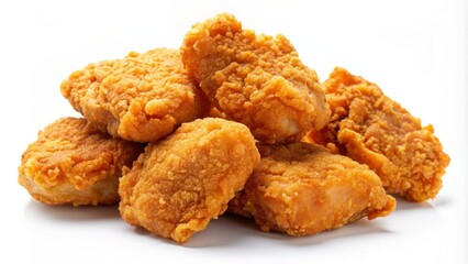 Crispy fried chicken strips isolated on a clean white background with soft shadows and subtle gradients highlighting juicy texture details.