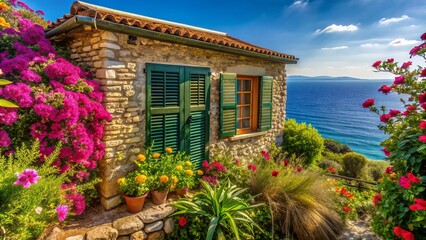 Fototapeta premium Cozy small cabin with rustic wooden shutters and vibrant flowers surrounded by lush greenery overlooking serene Mediterranean Sea view.