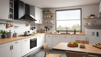 Interior of modern open plan kitchen with dining table – Generative AI