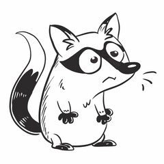 A raccoon with a black mask on its face, typical raccoon whiskers on its face, and a black and white tail vector art illustration