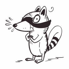 A raccoon with a black mask on its face, typical raccoon whiskers on its face, and a black and white tail vector art illustration